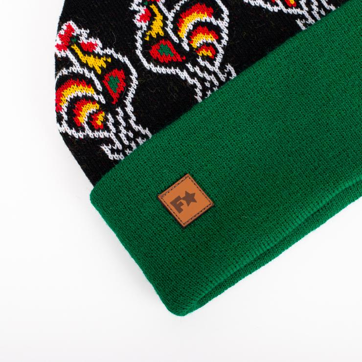 black beanie with roosters pattern with Folkstar leather tag