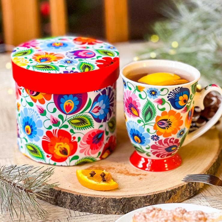 elegant folk white lowicz pattern mug with a box