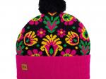 black beanie in lowicz flowers with black pompom and pink welt