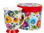 whote folk mug with lowicz flowers pattern and a box