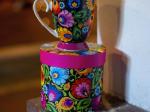 Helenka folk mug, black lowicz pattern on top of a box