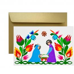 Christmas card - HOLY FAMILY surrounded by flowers - paper cut-out