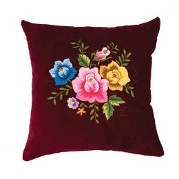 Poduszka z haftem łowickim bordowa 35x35 cm - róże kolorowe