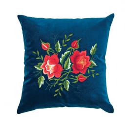 Poduszka z haftem łowickim 35x35 cm niebieska - róże czerwone