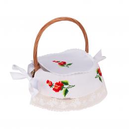 Large Easter basket napkin with a pattern of red roses, trimmed with lace