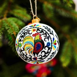 Glass Christmas tree bauble - a rooster-themed paper cut-out