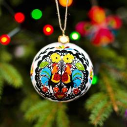 Glass Christmas tree bauble - paper cut-out with two roosters