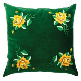 Poduszka z haftem łowickim zielona 45x45 cm - żółte róże