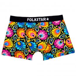 black men's boxer shorts with lowicz folk flowers and Folkstar logo on black elastic band