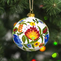 Glass Christmas tree bauble - flowers from Lowicz paper cut-out - pattern 3