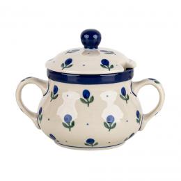Large sugar bowl with ears - Bolesławiec ceramics - blueberries