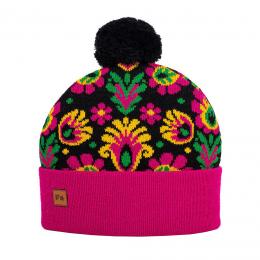 black beanie in lowicz flowers with black pompom and pink welt