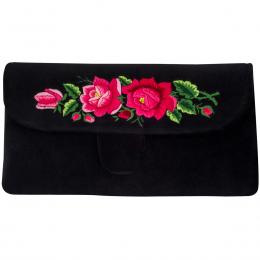 Kopertówka długa czarna - haftowane różowe róże