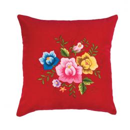 Poduszka z haftem łowickim 35x35 cm czerwona - róże kolorowe