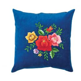 Poduszka z haftem łowickim 35x35 cm niebieska - róże kolorowe