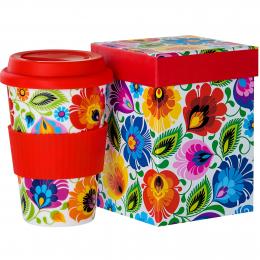 Travel mug 'Bolek' in a decorative box - white Lowicz pattern