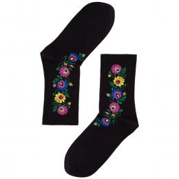 Women's socks - long - Łowicz flowers - black