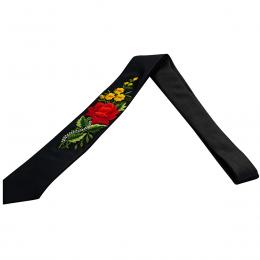 Krawat męski haftowany - czerwona róża z żółtymi kwiatami