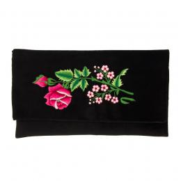 Kopertówka czarna -  haftowana różowa różyczka z małymi kwiatkami