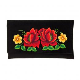 Kopertówka czarna - haftowane czerwone róże z żółtymi kwiatkami