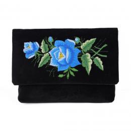 Kopertówka czarna - haftowana niebieska róża z pączkiem