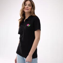 Women's polo shirt with embroidery - black Lowicz pattern