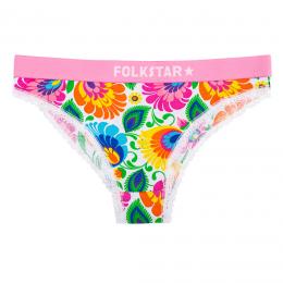 white knickers in lowicz polish folk pattern with the Folkstar logo on a pink elastic band, folk panties