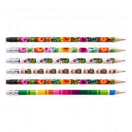 Ołówki z gumką - zestaw 6 szt. - łowickie motywy ludowe