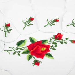 Bieżnik ręcznie haftowany + 6 serwetek - czerwona róża z ostrymi płatkami