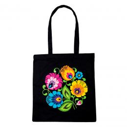black cotton bag with traditional lowicz flowers