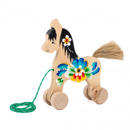 A toy horse on wheels, large - black mane