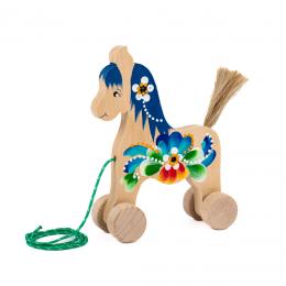 A toy horse on wheels, large - navy blue mane