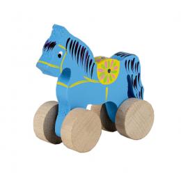 A small carved horse on wheels - light blue