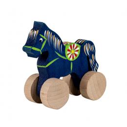 A small carved horse on wheels - blue