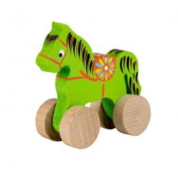 A small carved horse on wheels - light green