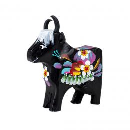 Carved cow - black with flowers