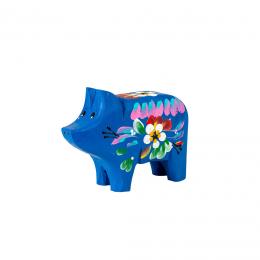Carved pig - navy blue with flowers