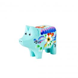Carved pig - blue with flowers